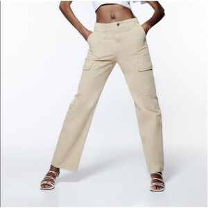 ZARA Women Beige Cargo Pants Utility Pockets Straight Leg Size 2